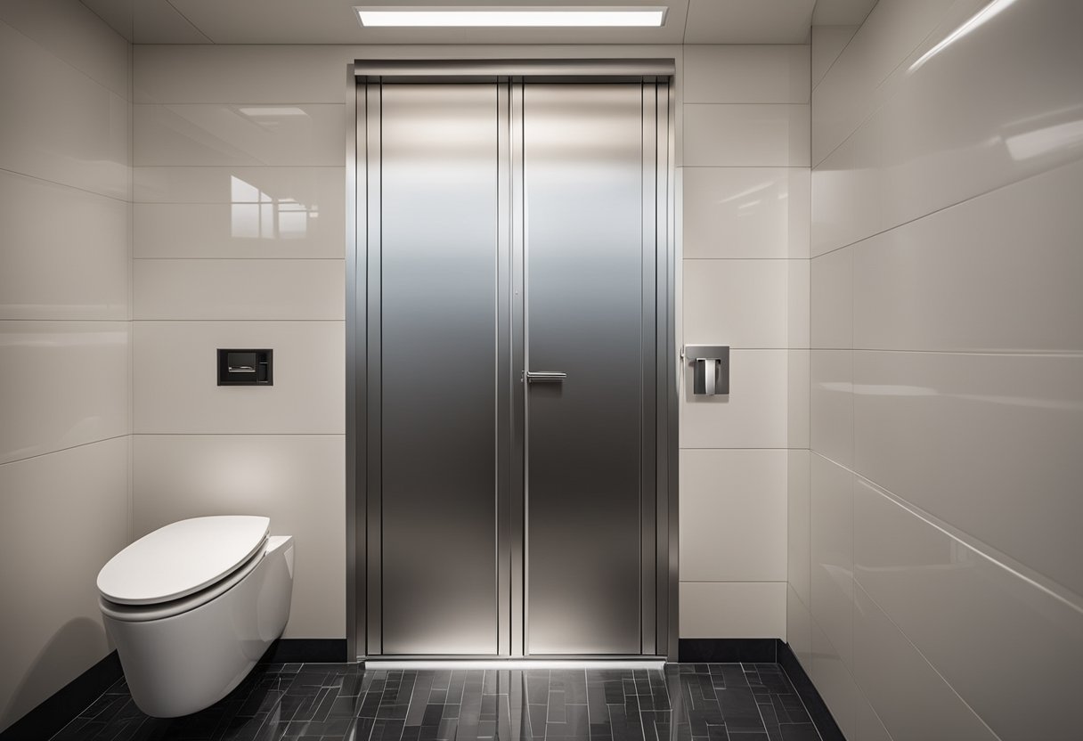 A sleek aluminum door with a modern toilet installation, considering practical use and design aesthetics