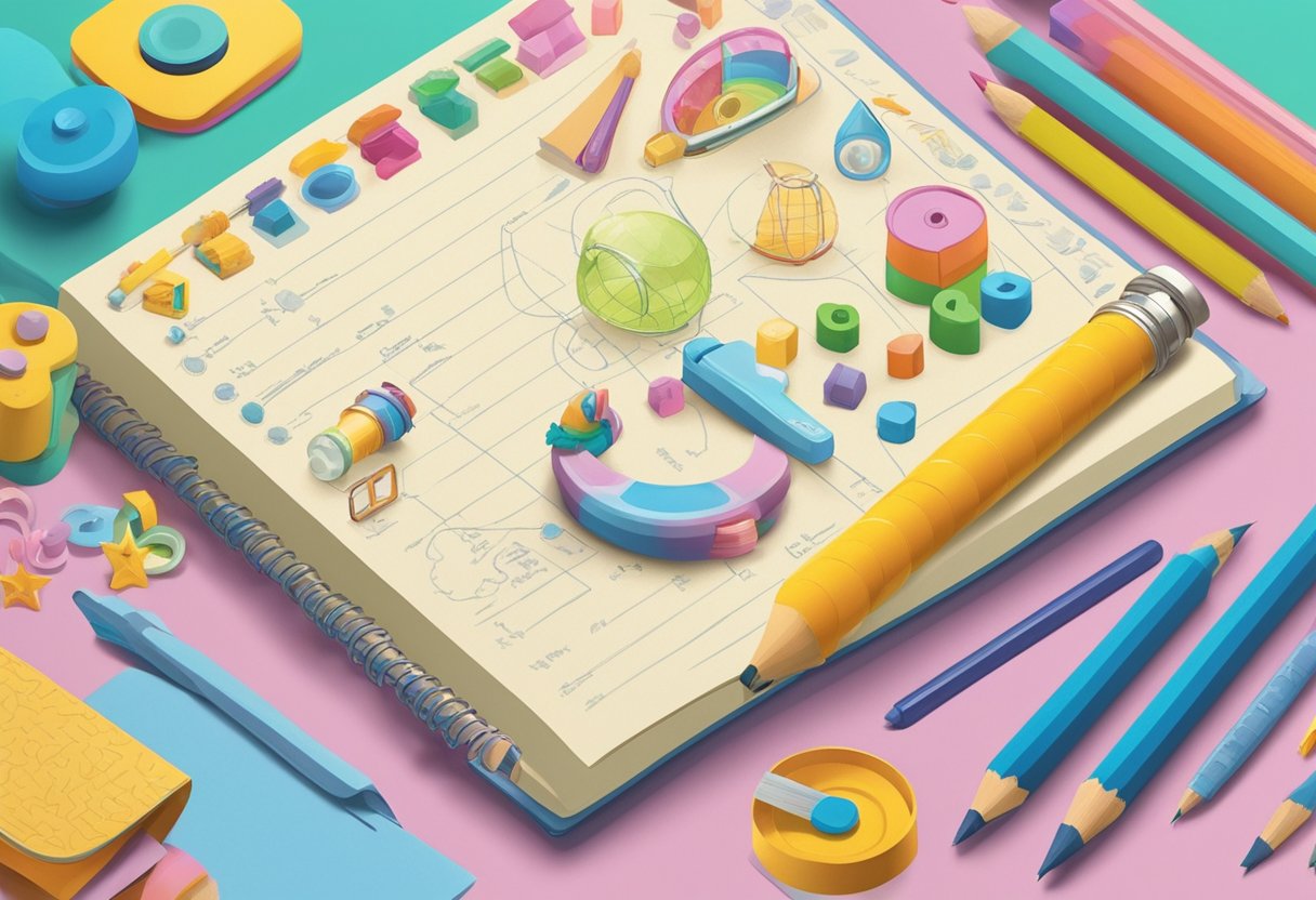 A colorful array of baby-related items surrounds a notebook filled with stylish boy names and their meanings, while a pencil hovers above, ready to jot down new ideas