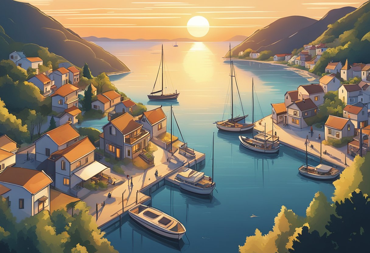 A serene sunset over a serene seaside village with sailboats in the distance