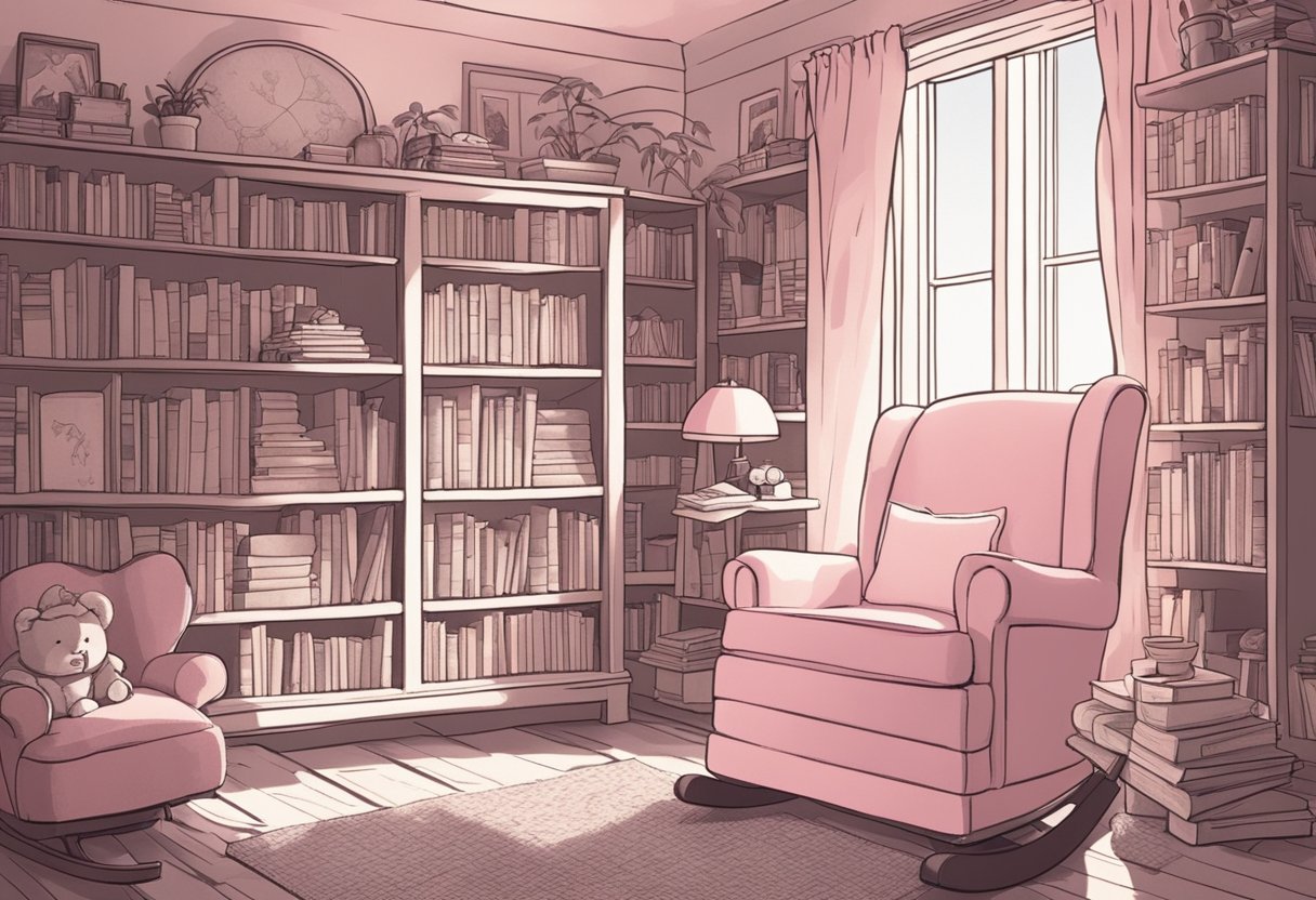 A cozy nursery with a bookshelf filled with classic literature, a soft pink blanket, and a rocking chair by the window