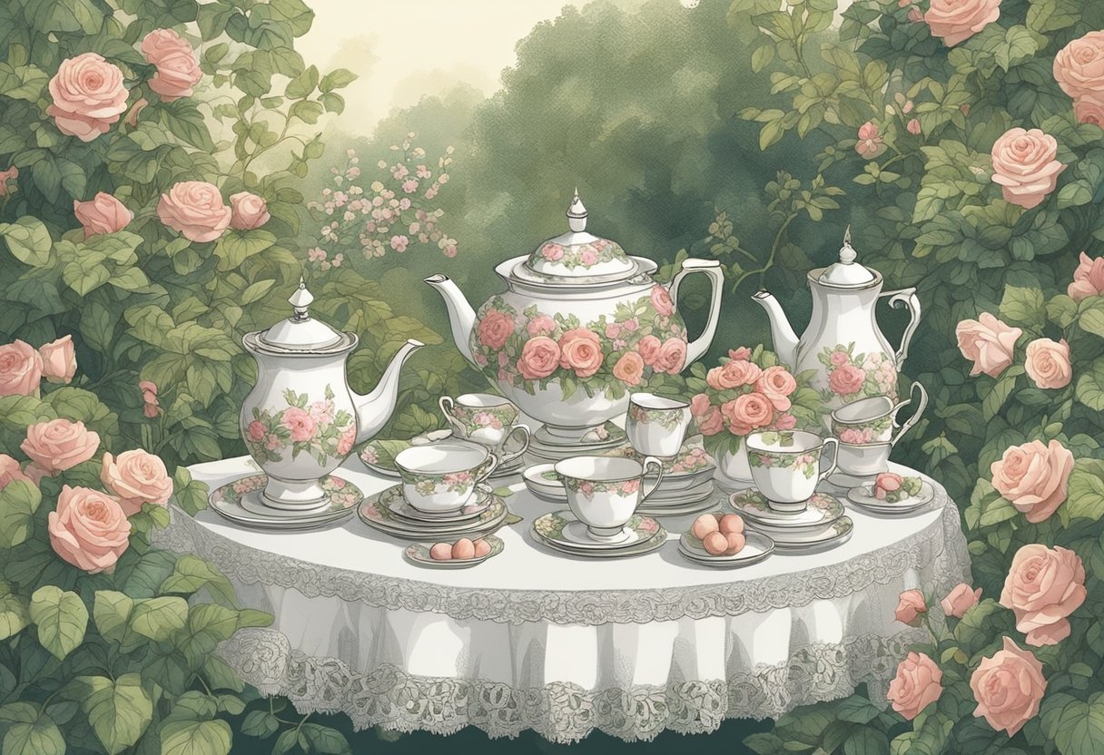 A vintage tea party set in a lush English garden, with a table adorned with delicate lace and floral china, surrounded by blooming roses and ivy