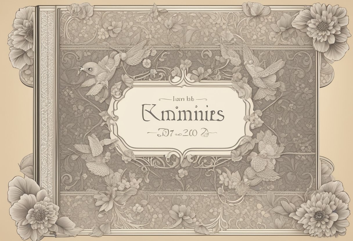 Traditional English baby girl names displayed on a vintage book cover with floral and lace details