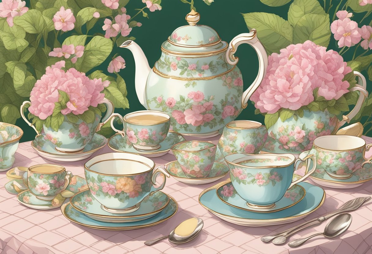 A tea party set in a lush English garden with vintage teacups, floral tablecloths, and a charming mix of traditional English baby girl names as place cards