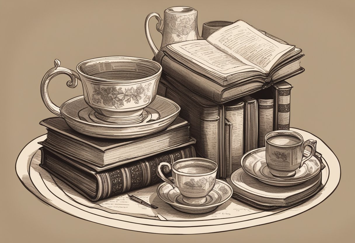 A cozy library with a stack of old books on traditional English names, a vintage teacup, and a worn-out notebook filled with handwritten notes