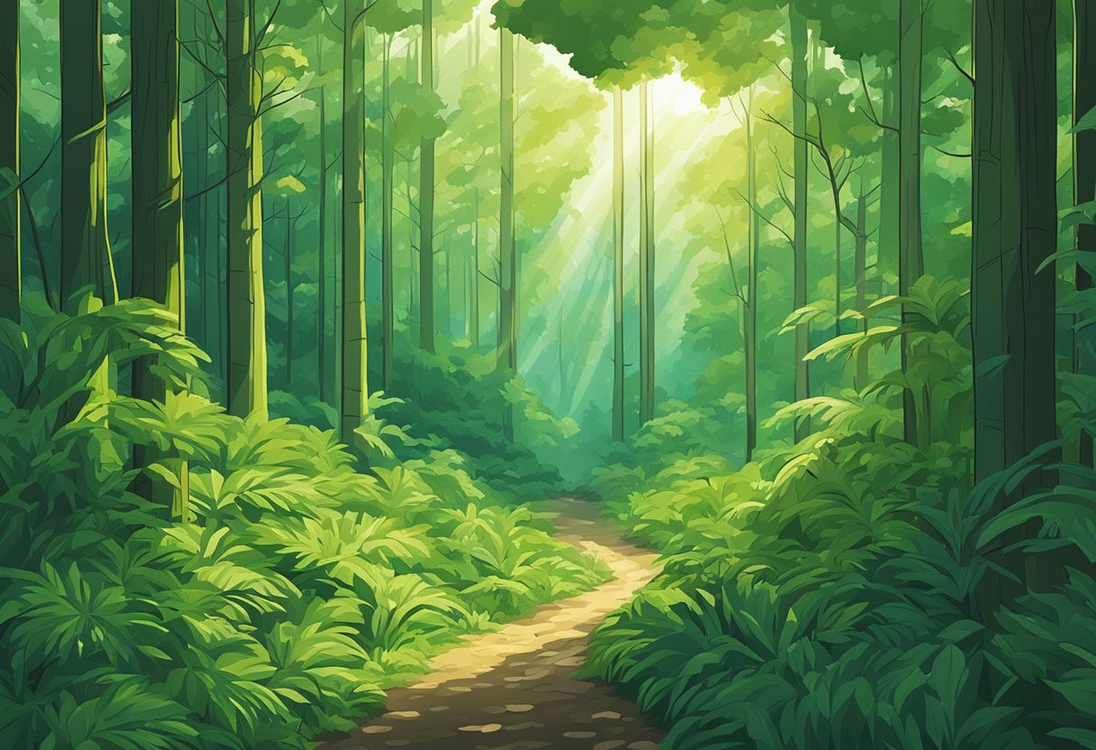 A lush, dense forest with sunlight filtering through the canopy, surrounded by towering trees and vibrant green foliage