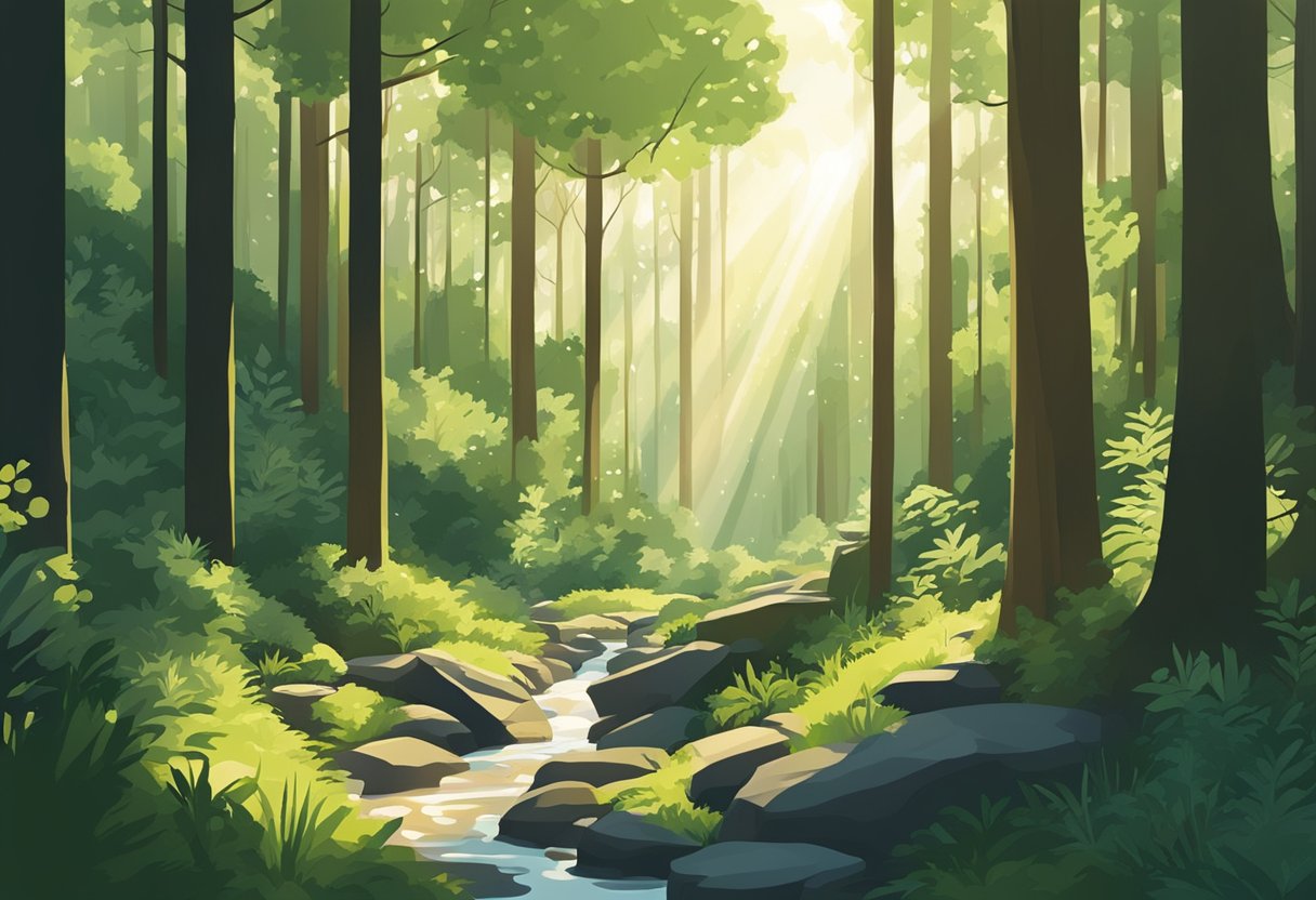 Sunlight filters through tall trees, casting dappled shadows on the forest floor. A small stream glistens in the distance, surrounded by lush greenery