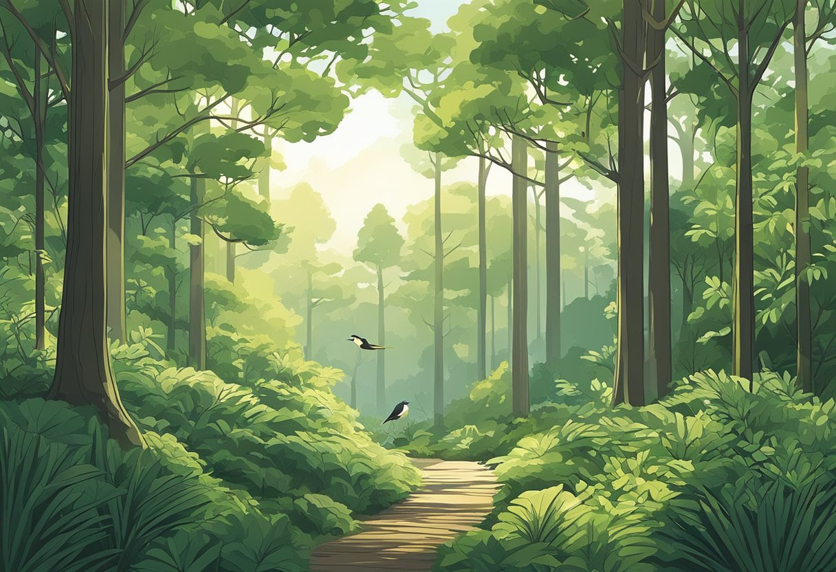 A lush forest with sunlight filtering through the trees, birds chirping, and a serene atmosphere