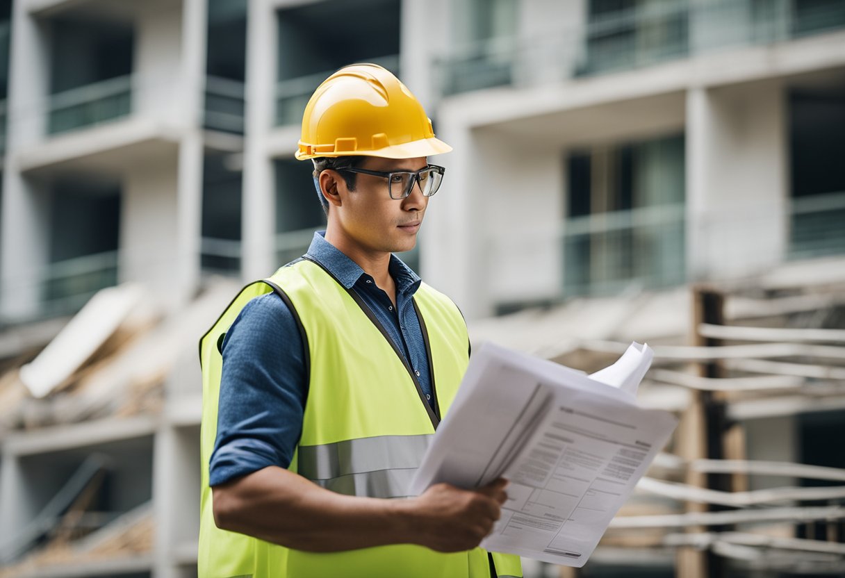 A construction worker holds a permit document while inspecting a Singapore condo renovation site. Surrounding him are construction materials and equipment