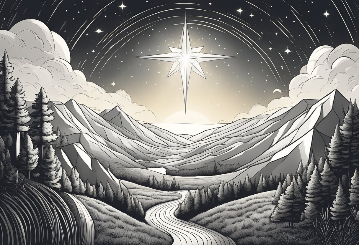 A shining star above a peaceful, serene landscape, symbolizing hope and salvation