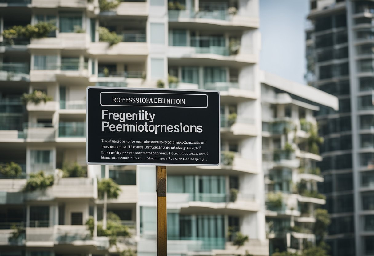 A condo under renovation in Singapore with a sign displaying "Frequently Asked Questions" about permit requirements