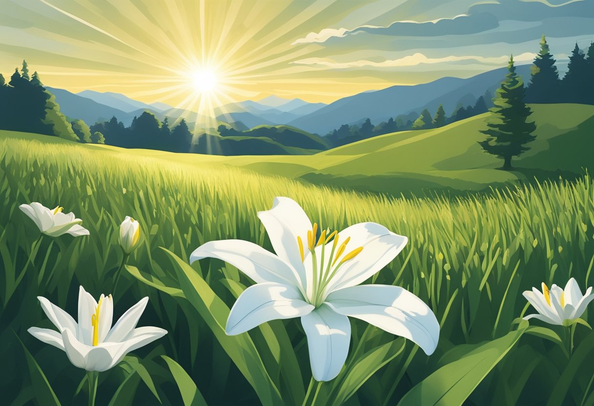 A radiant light breaks through dark clouds, illuminating a peaceful meadow with a single white lily blooming, symbolizing hope and salvation