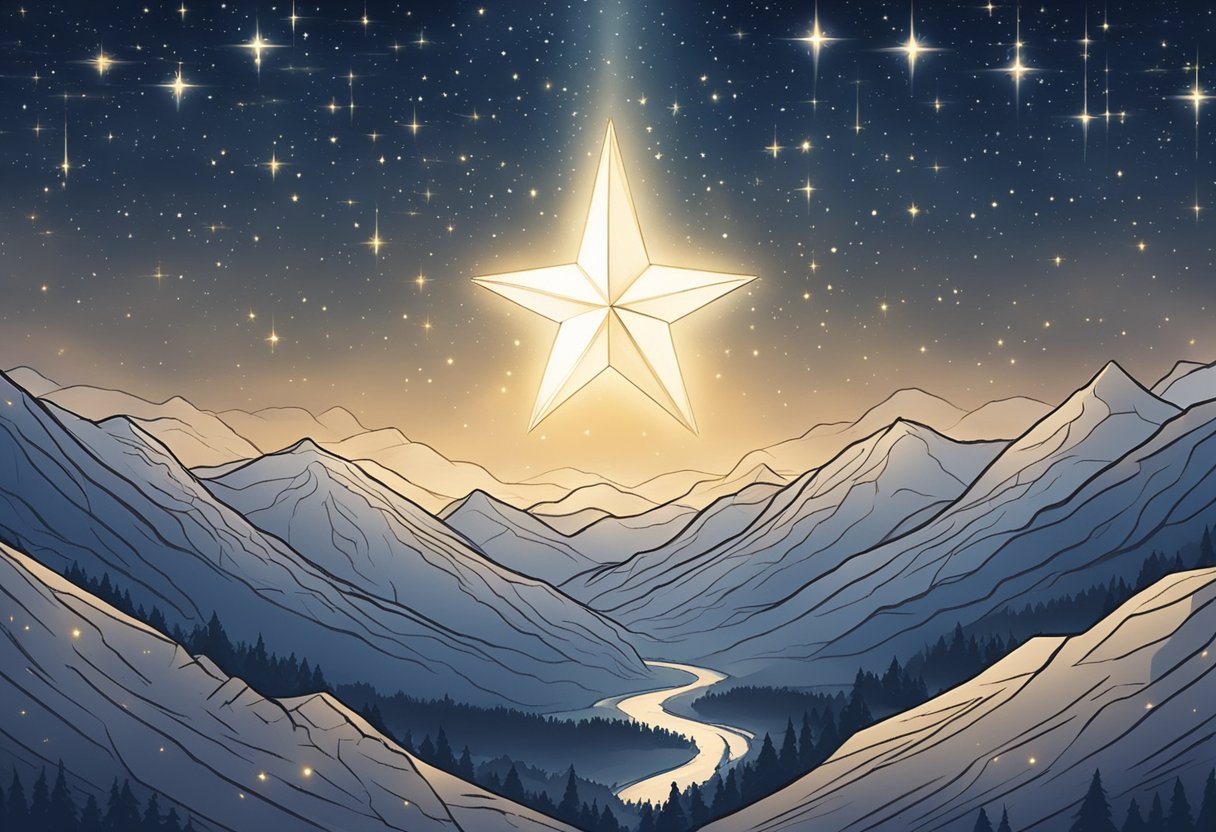 A shining star illuminates a peaceful night sky, casting a soft glow over a serene landscape, symbolizing hope and salvation