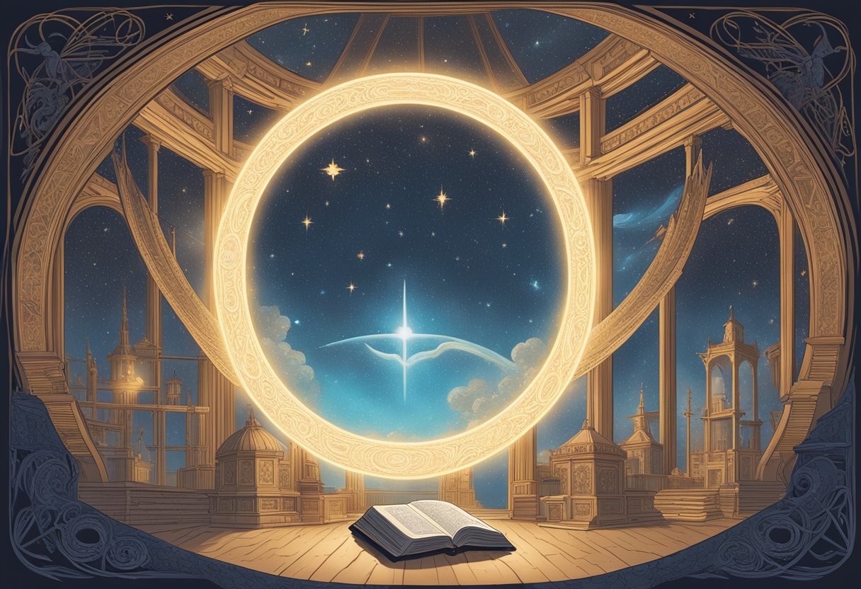 A glowing halo hovers over a cradle, surrounded by celestial symbols and soft, ethereal colors. An open book of names lies nearby, with "savior" highlighted