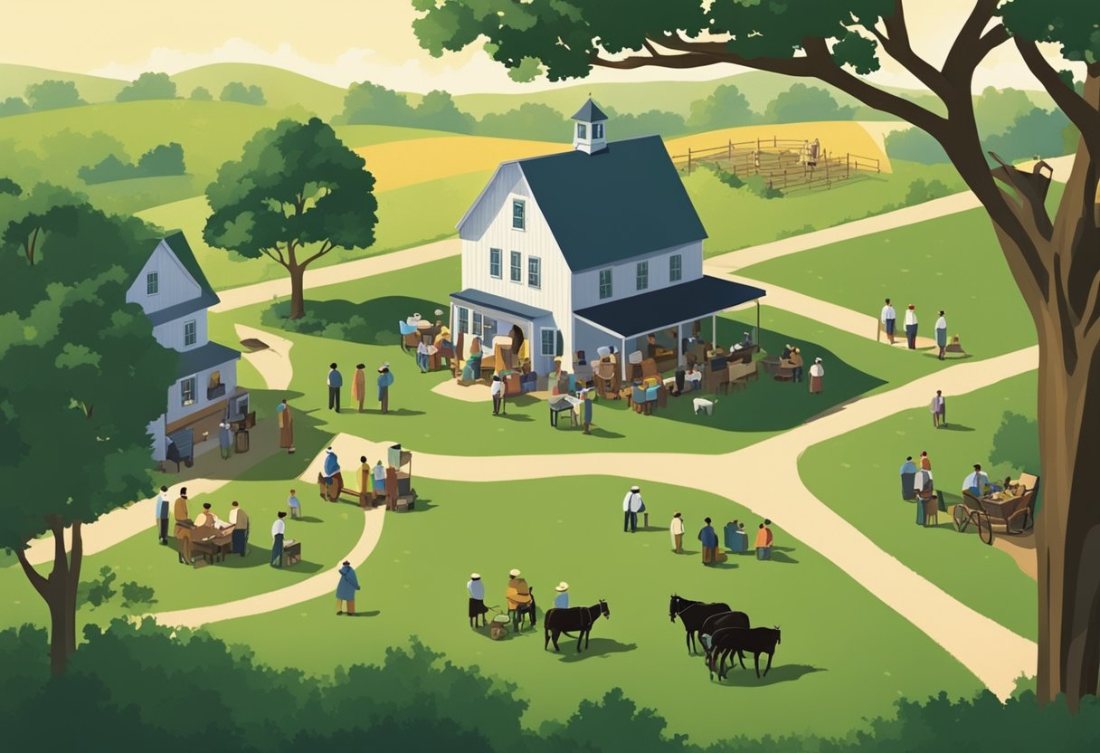 A serene Amish village with children playing in the fields, while the elders gather for a community meeting under the shade of a large oak tree