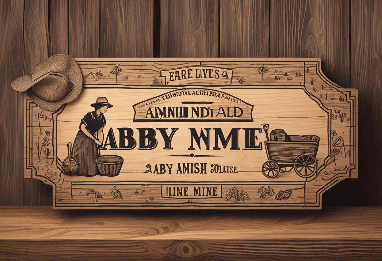 Amish baby names displayed on a rustic wooden sign with traditional clothing and farm tools in the background