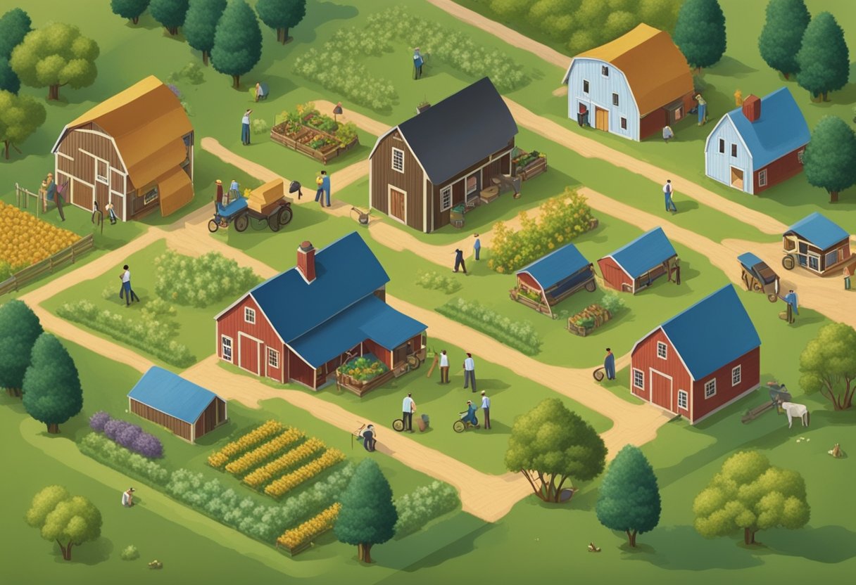 A peaceful Amish village with children playing in the fields, women tending to gardens, and men working on carpentry and farming