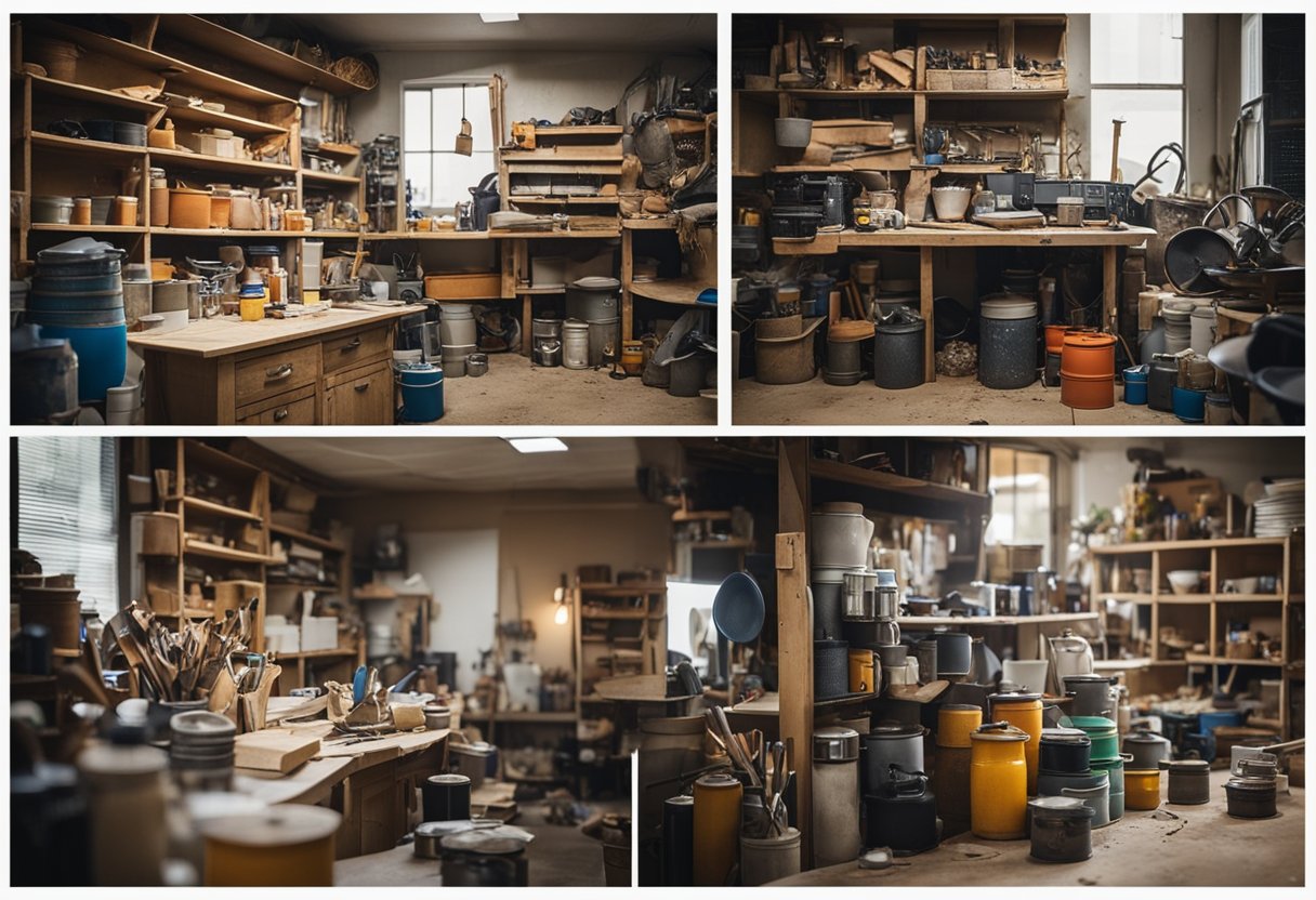 A cluttered workshop with tools, paint cans, and sawdust. A wall of before-and-after photos showcases the transformation of various rooms