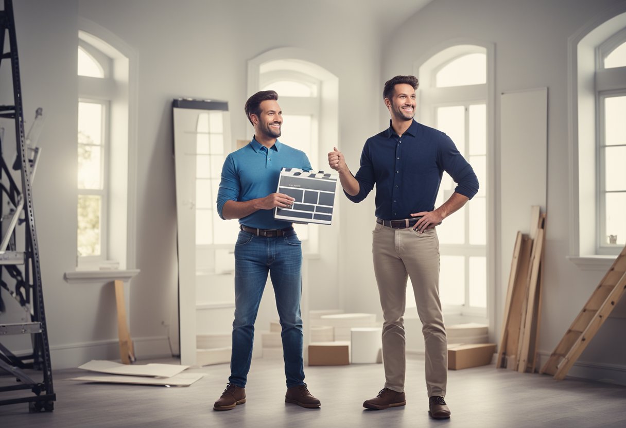 A host presents a renovation show set, with a backdrop of before-and-after home transformations, a logo, and a list of frequently asked questions