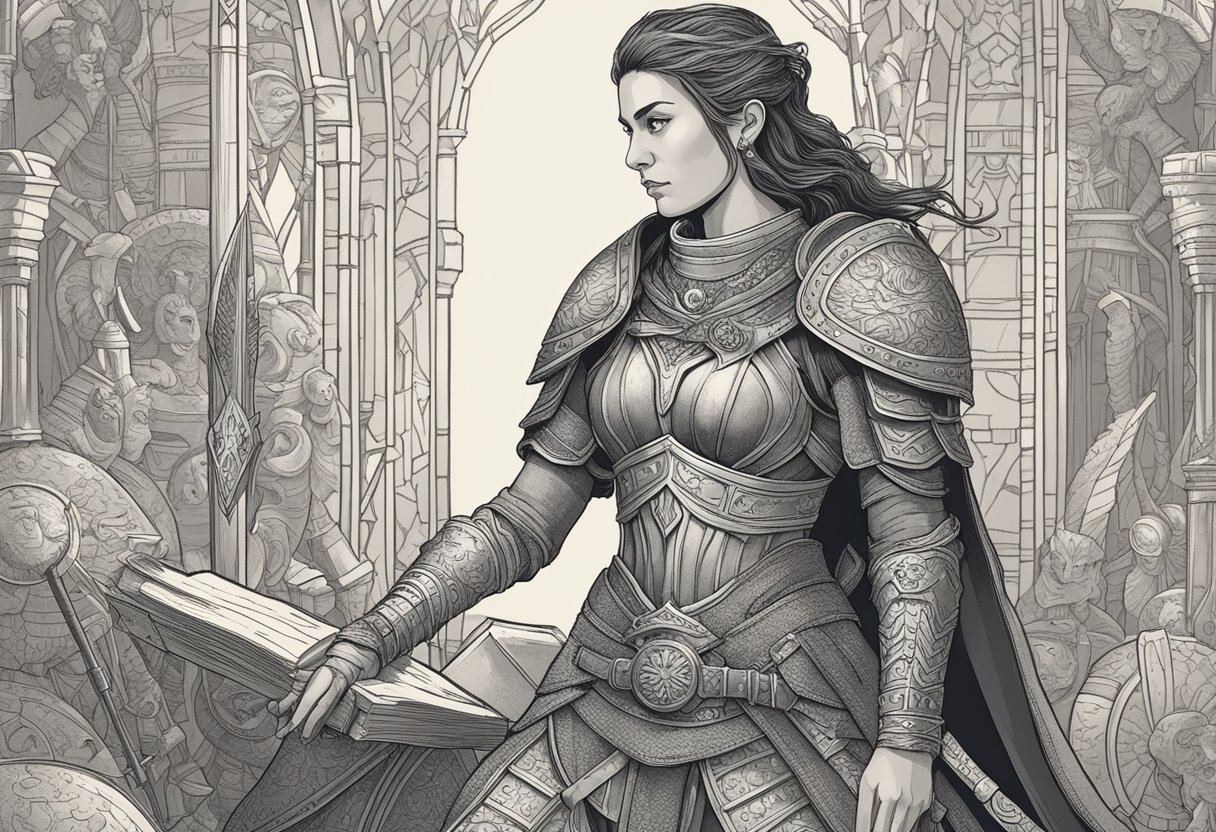 A fierce female warrior stands tall, surrounded by ancient armor and weapons. A book of names sits open, as she contemplates the perfect moniker