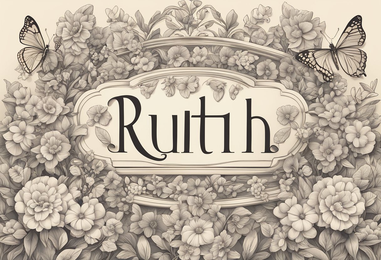 A list of baby girl names with middle name Ruth displayed on a decorative sign surrounded by flowers and butterflies