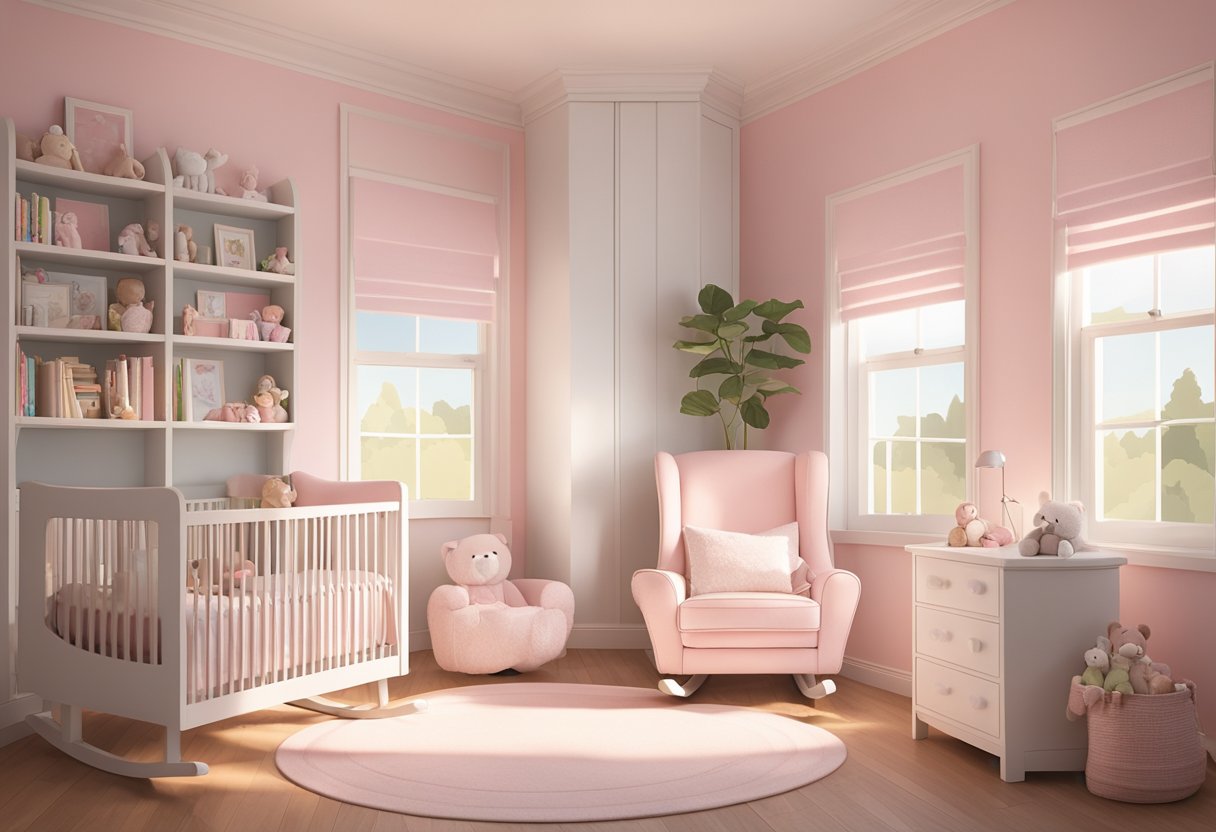 A nursery with soft pink and white decor, a cozy rocking chair, and a shelf of children's books