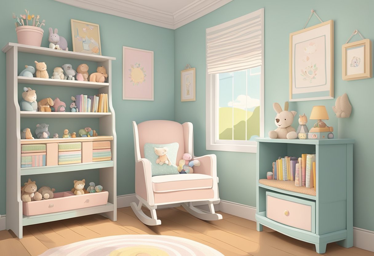 A nursery with soft pastel colors, a cozy rocking chair, and shelves filled with baby books and toys. A name plaque "Ruth" hangs on the wall