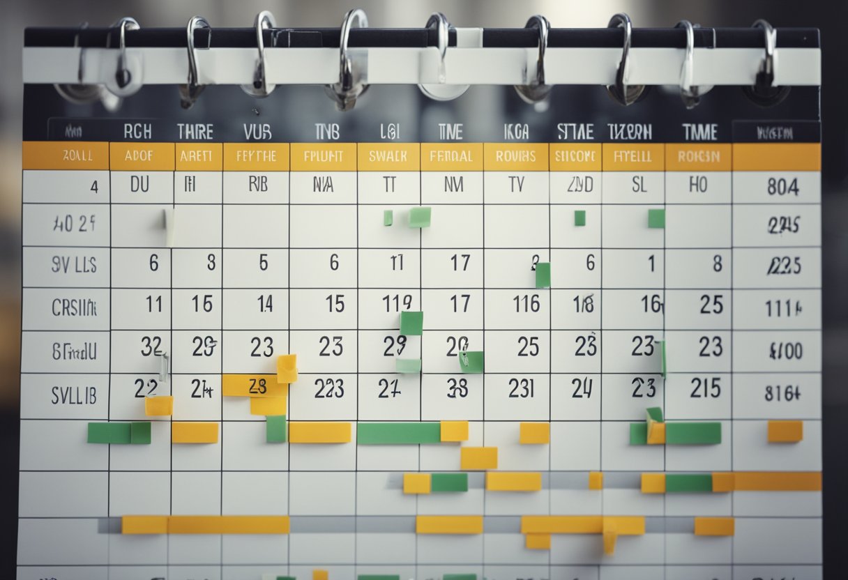 A calendar with different stages of renovation marked off, showing the progression of time from start to finish