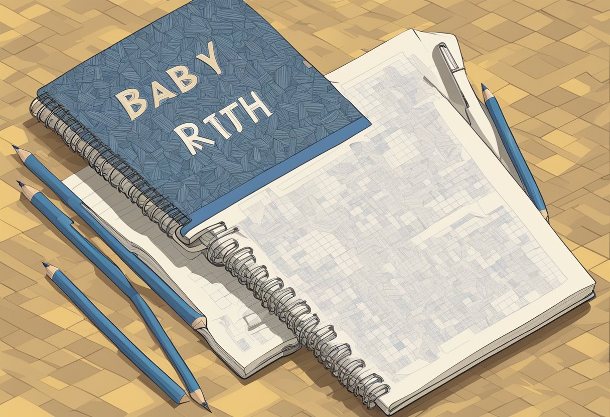 A notebook filled with lists of baby girl names, with "Ruth" written in the middle. A pencil hovers over the page, ready to add more options