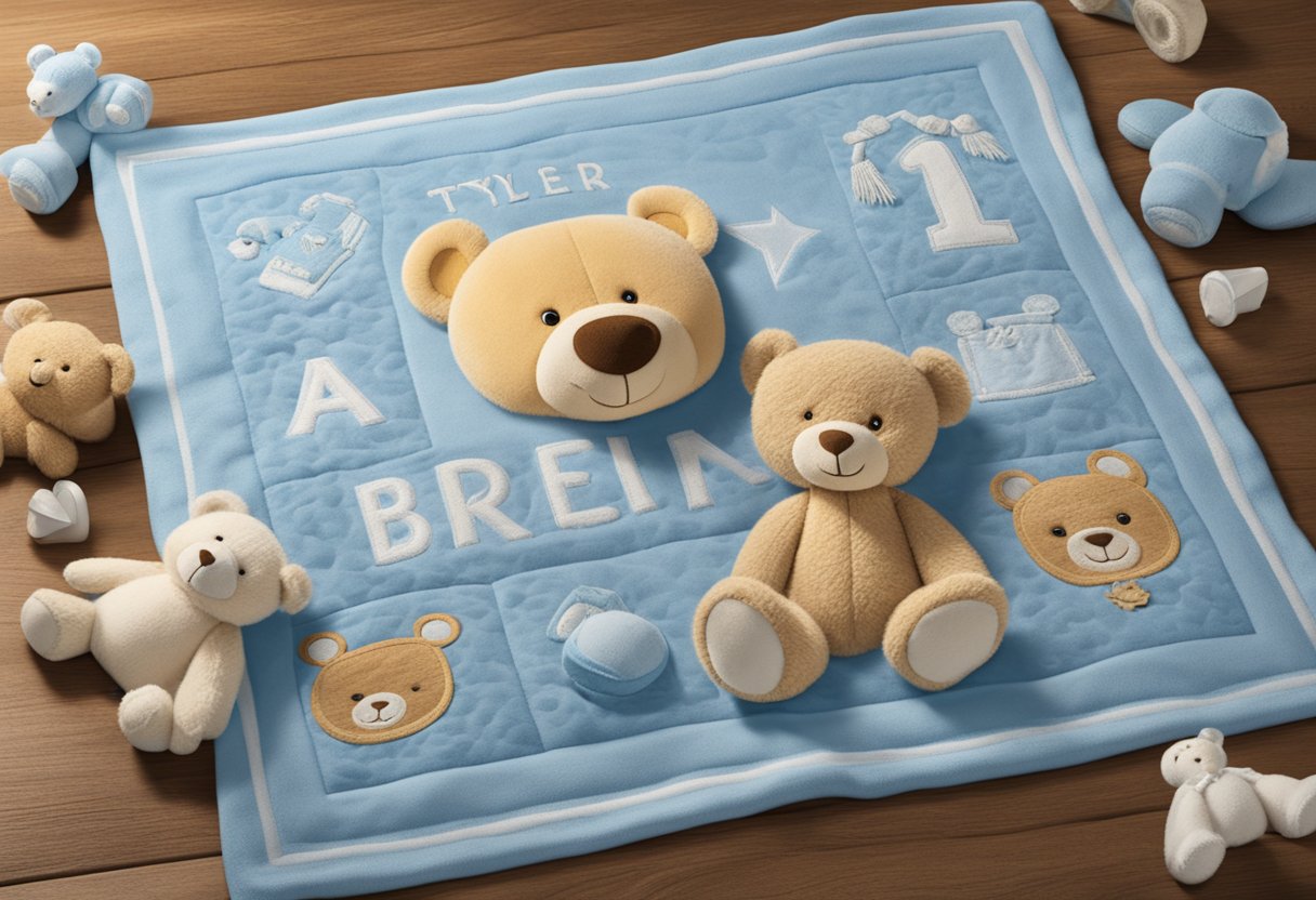 A baby blue blanket with "Best Names" embroidered in white, surrounded by teddy bears and baby blocks. Middle name "Tyler" written on a wooden sign