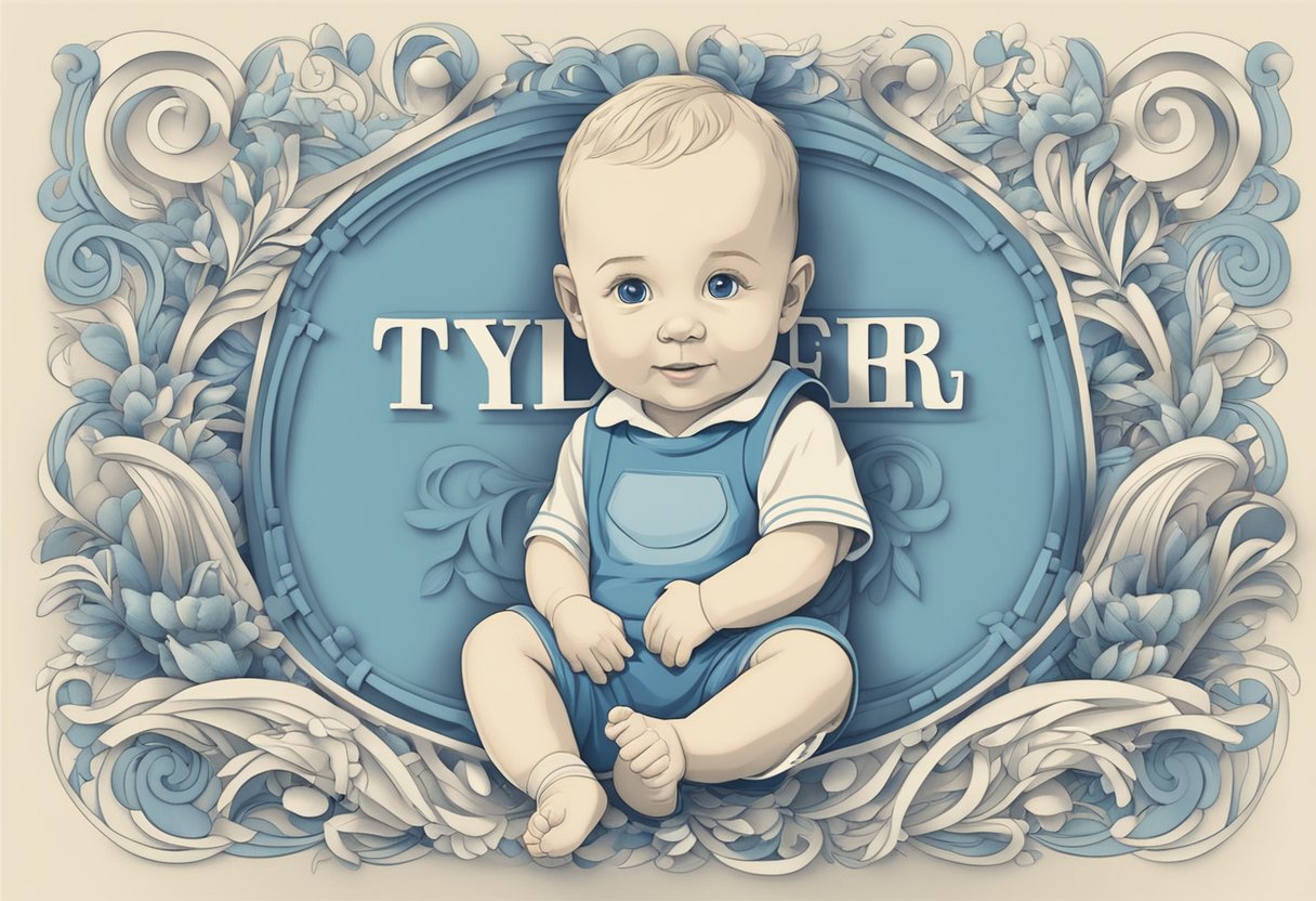 A baby boy's name, "Tyler," surrounded by other good names in a decorative font