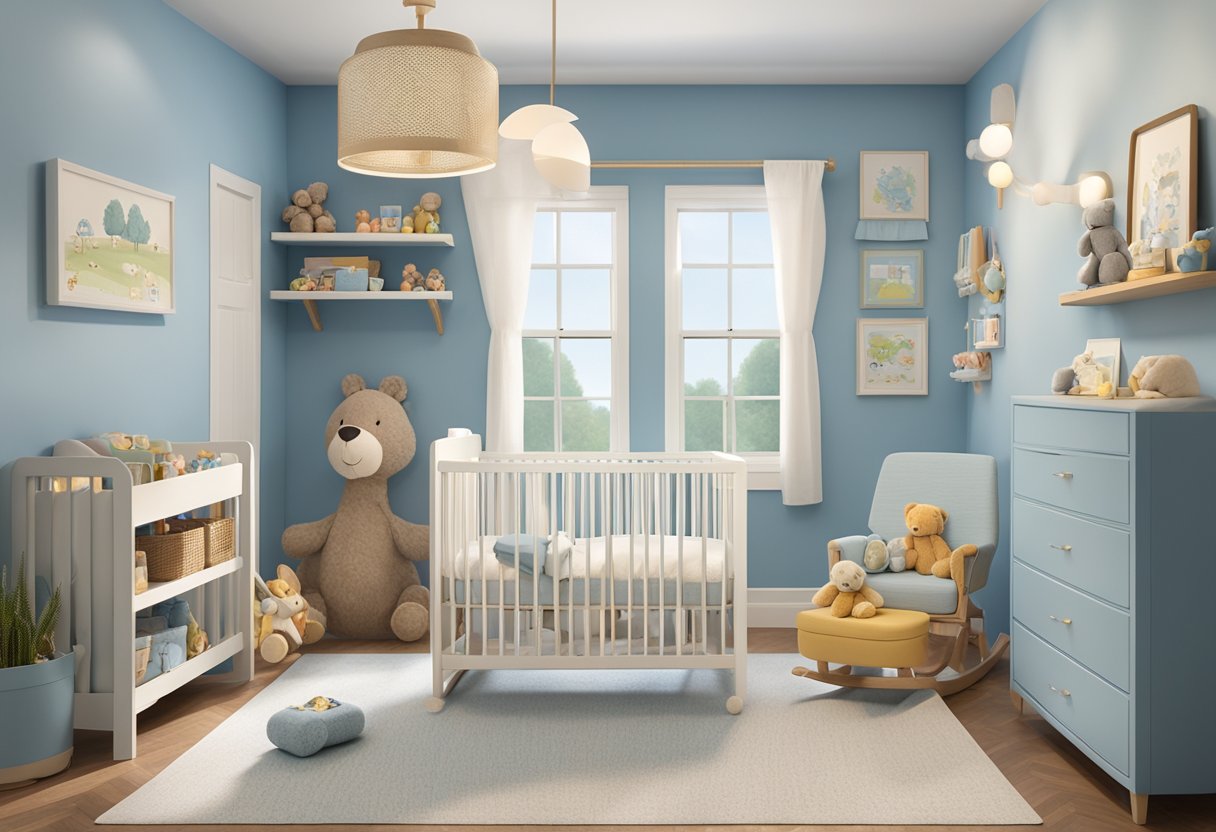 A nursery with soft blue walls, a cozy rocking chair, and shelves filled with baby books and toys. A name plaque with "Tyler" hangs above the crib