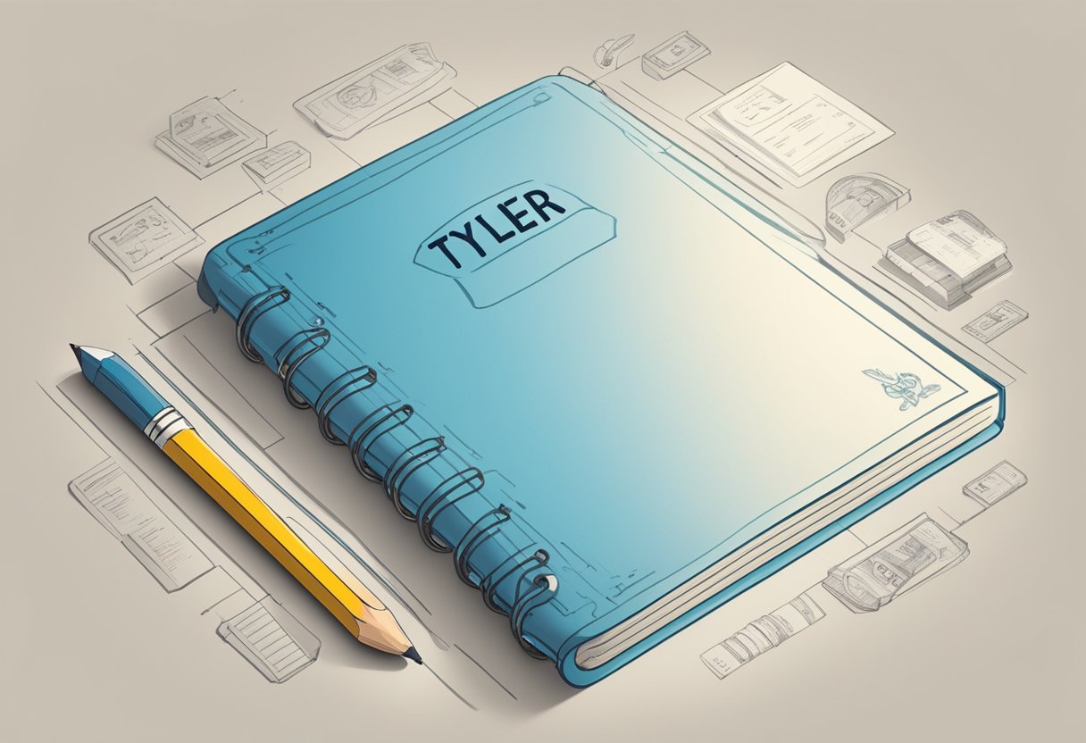 A notebook filled with baby boy names, a pencil, and a brainstorming chart with the name "Tyler" in the middle