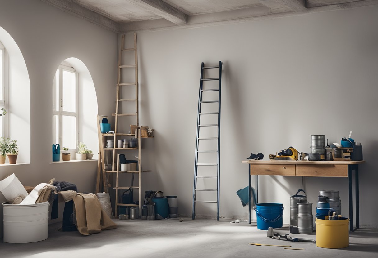 A room with bare walls, tools scattered on the floor, paint cans open, and furniture covered in sheets. Ladder against the wall, measuring tape hanging