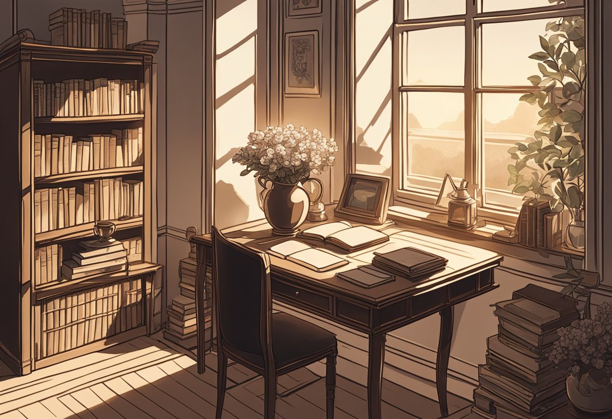 A sunlit study with vintage books, a mahogany desk, and a vase of flowers. A soft glow illuminates the room, creating a cozy atmosphere
