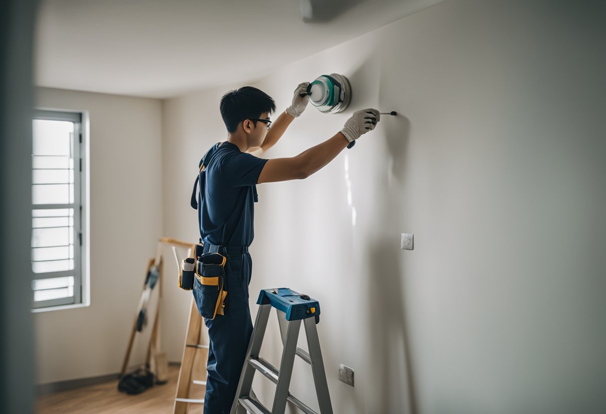 A person painting walls, installing fixtures, and laying flooring in a BTO HDB flat