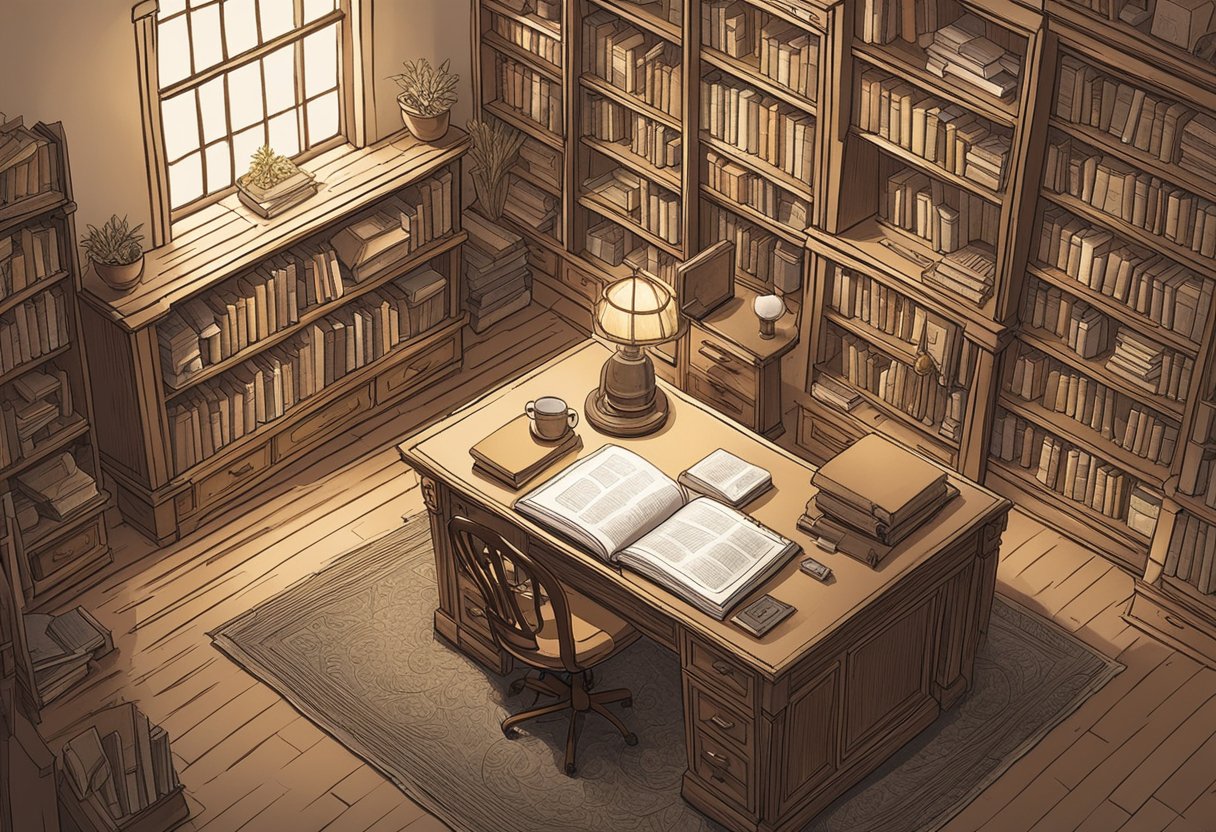 A cozy study with bookshelves, antique desk, and soft lighting. A notebook with "Good Names" written on the cover sits open