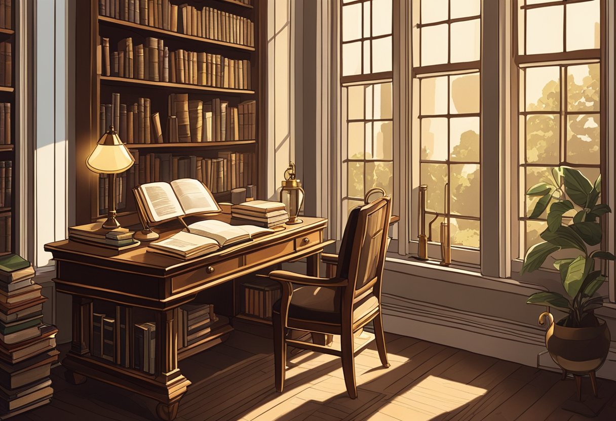 A cozy study with vintage books, a mahogany desk, and a brass lamp. Sunlight filters through tall windows, casting warm shadows
