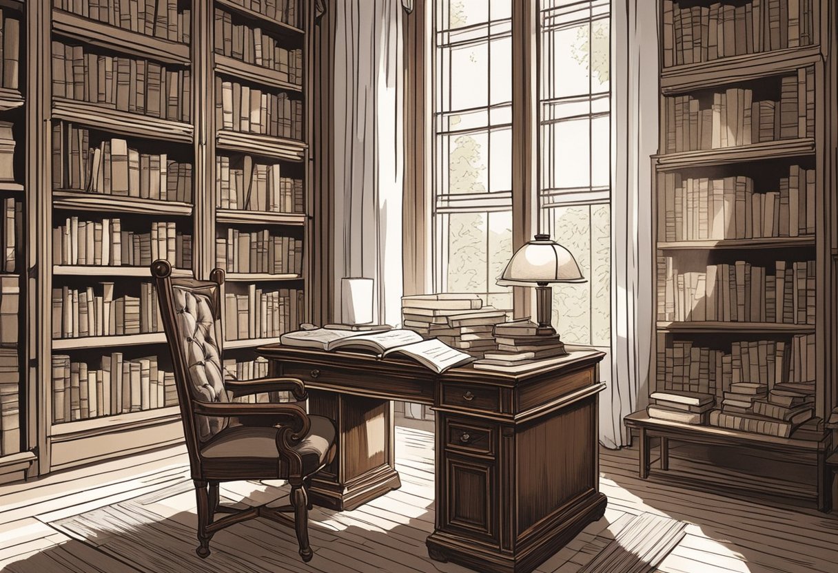 A cozy study with vintage books, a mahogany desk, and soft sunlight streaming through tall windows