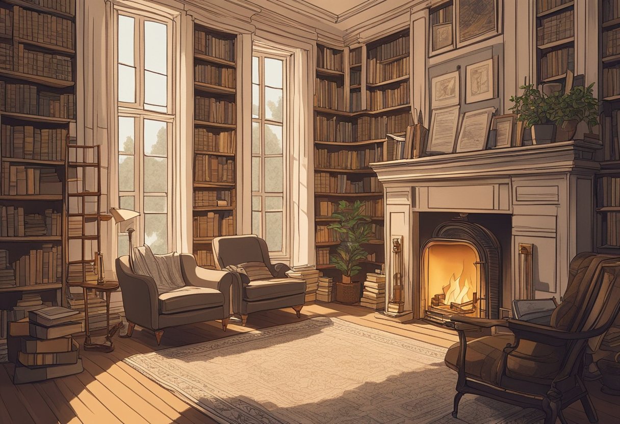 A cozy study with vintage books, a warm fireplace, and soft natural light streaming in through tall windows