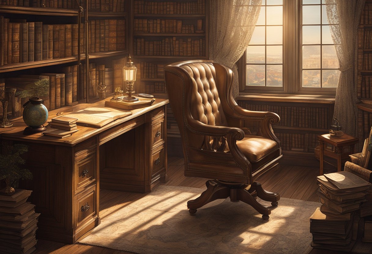A cozy study with shelves of old books, vintage maps, and antique globes. Soft sunlight filters through lace curtains onto a desk strewn with parchment and quill pens. A worn leather armchair invites contemplation