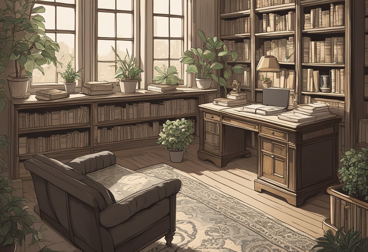 A cozy study room with antique bookshelves, a vintage desk, and soft natural light streaming through a large window. A stack of classic literature sits on the desk, surrounded by potted plants and framed artwork