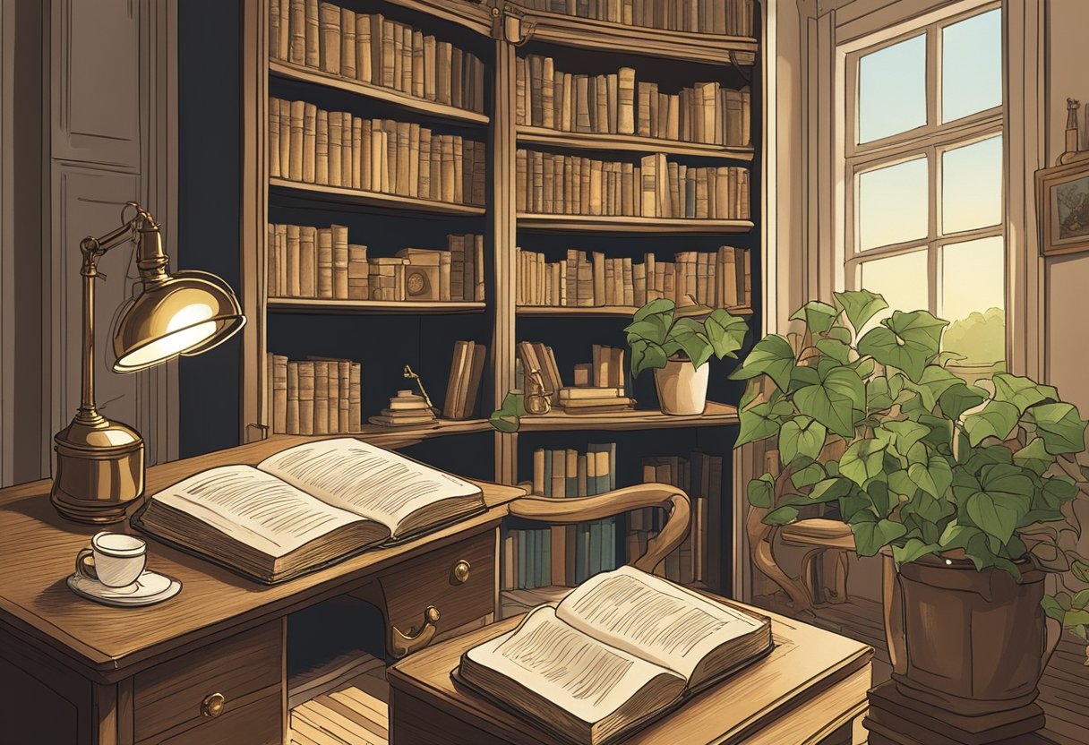A cozy study with vintage books, a brass desk lamp, and a pot of ivy. A laptop sits open, displaying a list of elegant, old-fashioned baby names