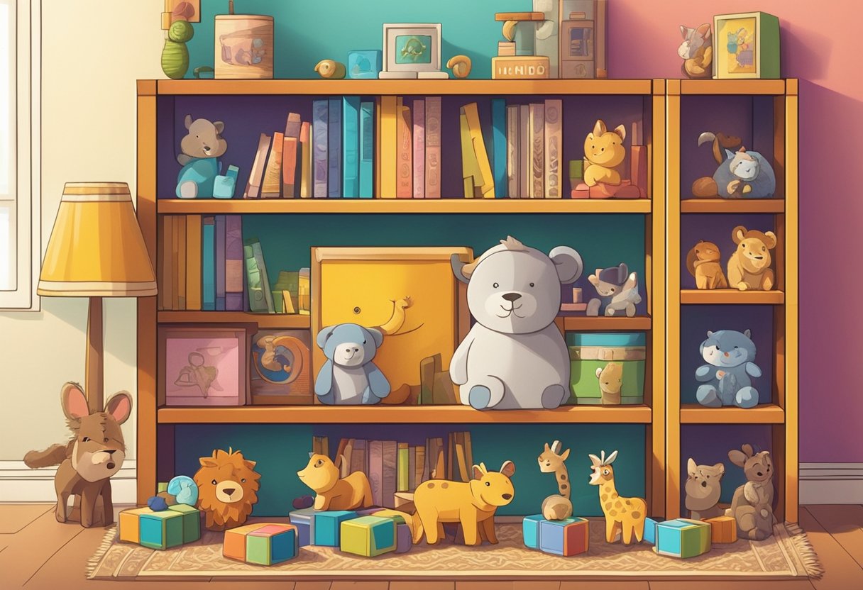 Colorful blocks spell out "Adjective Baby Names" atop a bookshelf, surrounded by playful animal toys and a cozy rug