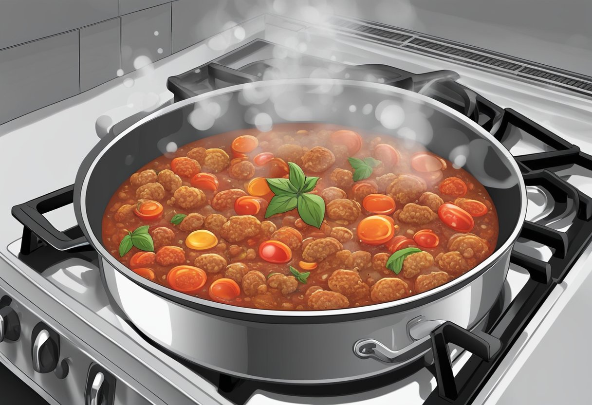 A pot simmers on a stove, filled with tomatoes, onions, garlic, and ground meat. A rich aroma fills the air as the sauce thickens and bubbles