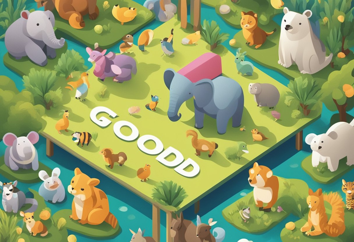Colorful, playful animals gather around a sign reading "Good Names" with a list of adjective baby names