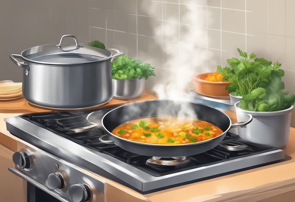 A pot simmering on a stovetop, filled with a hearty one-pot meal bubbling away. Steam rising, and the aroma of herbs and spices filling the air