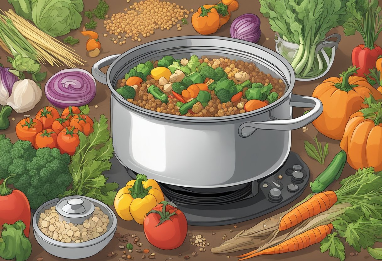 A steaming pot filled with a colorful array of vegetables, grains, and protein simmering together on a stovetop. A variety of spices and herbs are scattered nearby, ready to be added for flavor