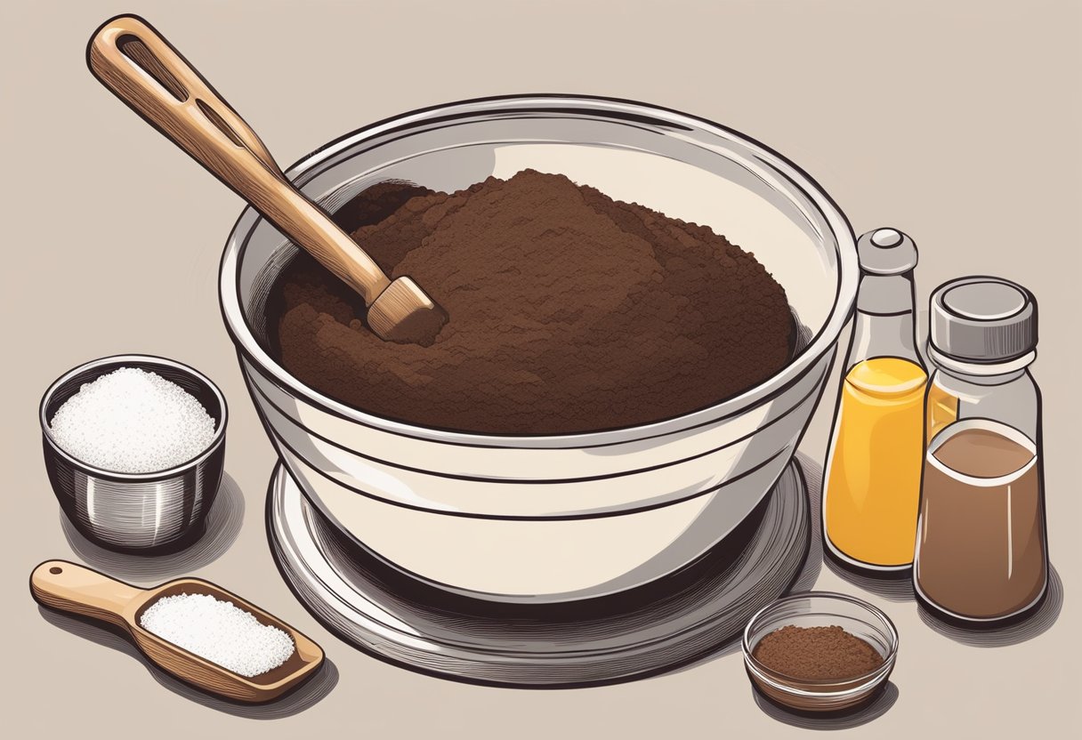 A mixing bowl filled with flour, cocoa powder, sugar, and eggs. A whisk and spatula sit nearby. Ingredients are ready to be combined for a chocolate cake