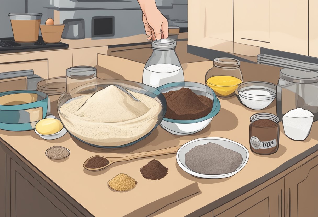 A hand reaching for flour, cocoa powder, sugar, eggs, and butter on a kitchen counter