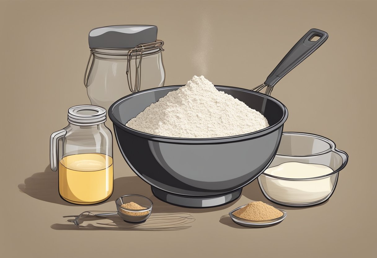 A mixing bowl with ingredients, a whisk, a cake pan, and an oven. Ingredients include flour, sugar, cocoa powder, eggs, milk, and butter